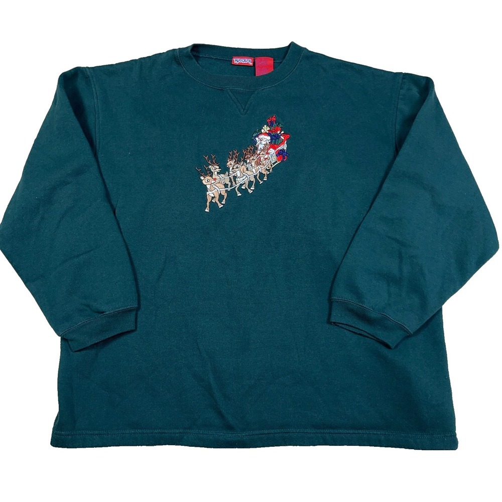 Vintage Rudolph Sweater Women XL Green Christmas Sweatshirt Crewneck Y2K Santa